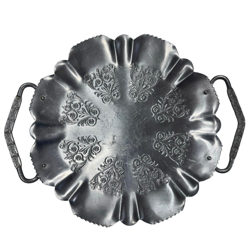 Vintage Embossed Cottagecore Floral Serving Tray Scalloped Edge Handles 16.5" - Picture 1 of 4